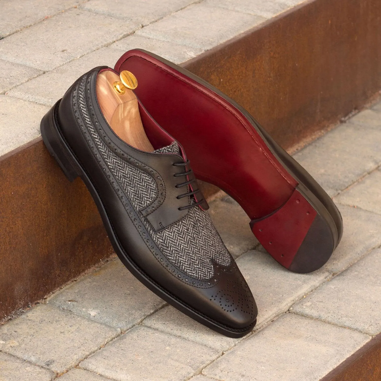 Ambrogio Bespoke Men's Handmade Custom Shoes Black & Gray Fabric / Calf-Skin Leather Longwing Blucher Oxfords (AMB1686)
