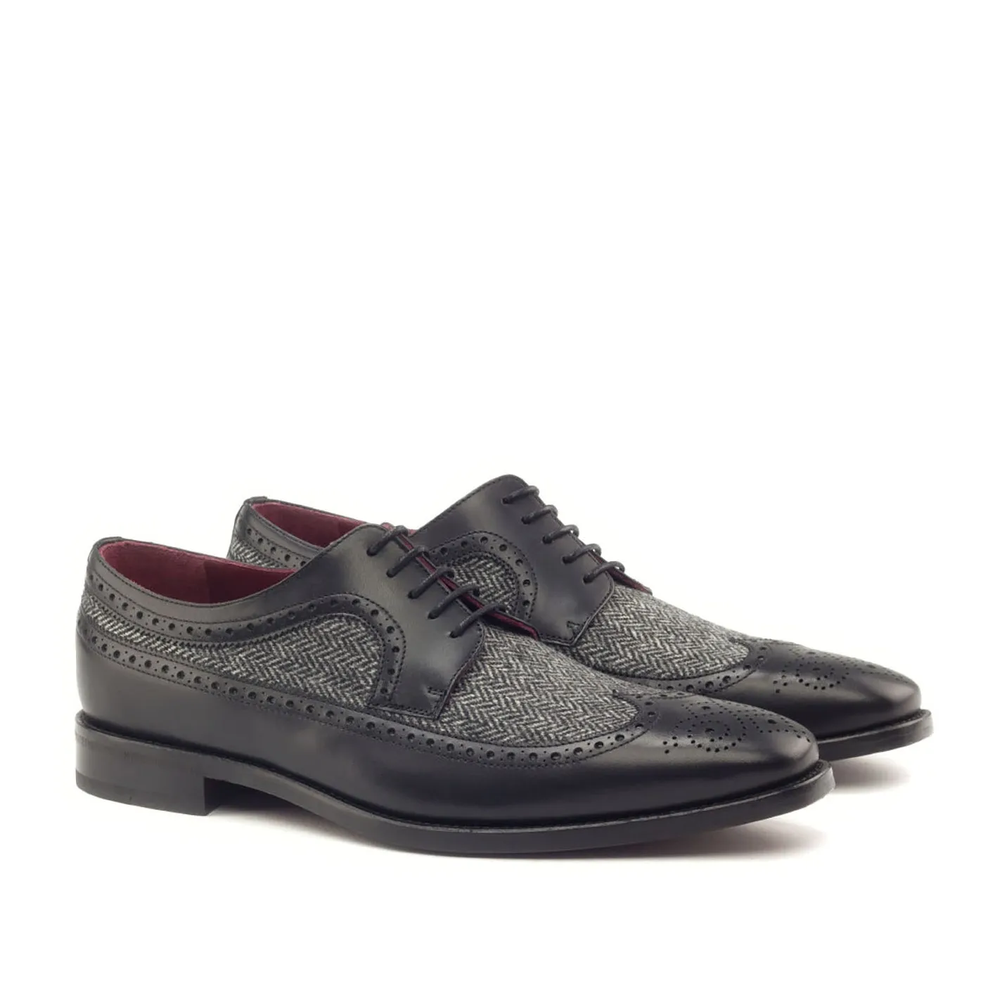 Ambrogio Bespoke Men's Handmade Custom Shoes Black & Gray Fabric / Calf-Skin Leather Longwing Blucher Oxfords (AMB1686)