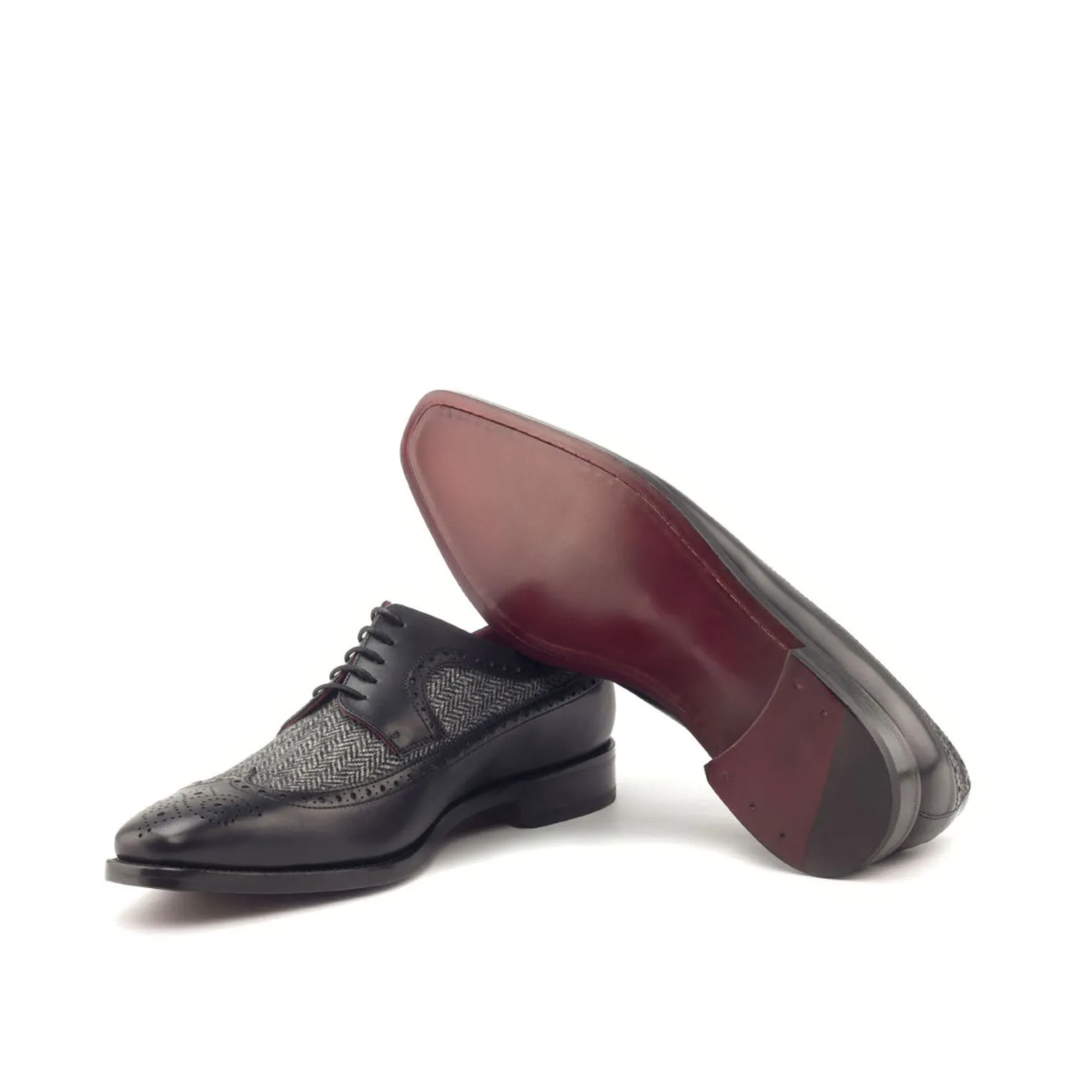 Ambrogio Bespoke Men's Handmade Custom Shoes Black & Gray Fabric / Calf-Skin Leather Longwing Blucher Oxfords (AMB1686)