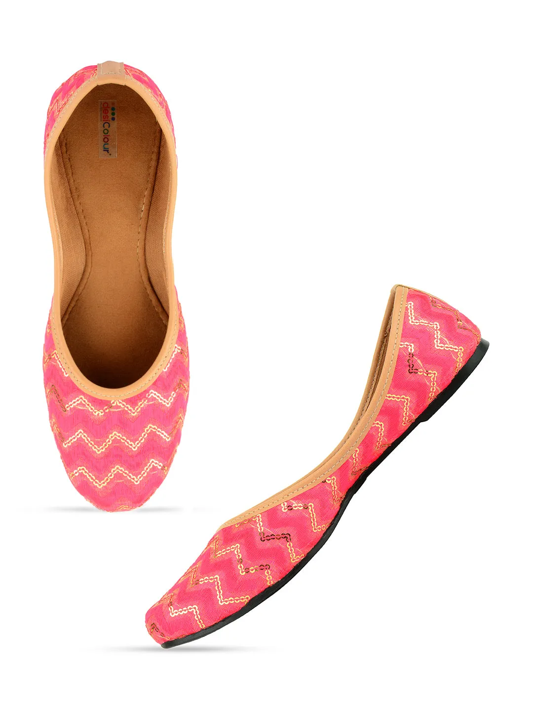 DESI COLOUR Women Fuchsia Pink Sequin Embellished Ethnic Mojaris Flats