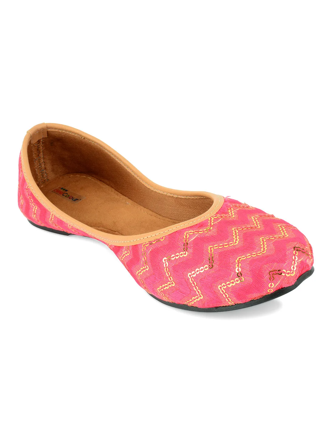 DESI COLOUR Women Fuchsia Pink Sequin Embellished Ethnic Mojaris Flats