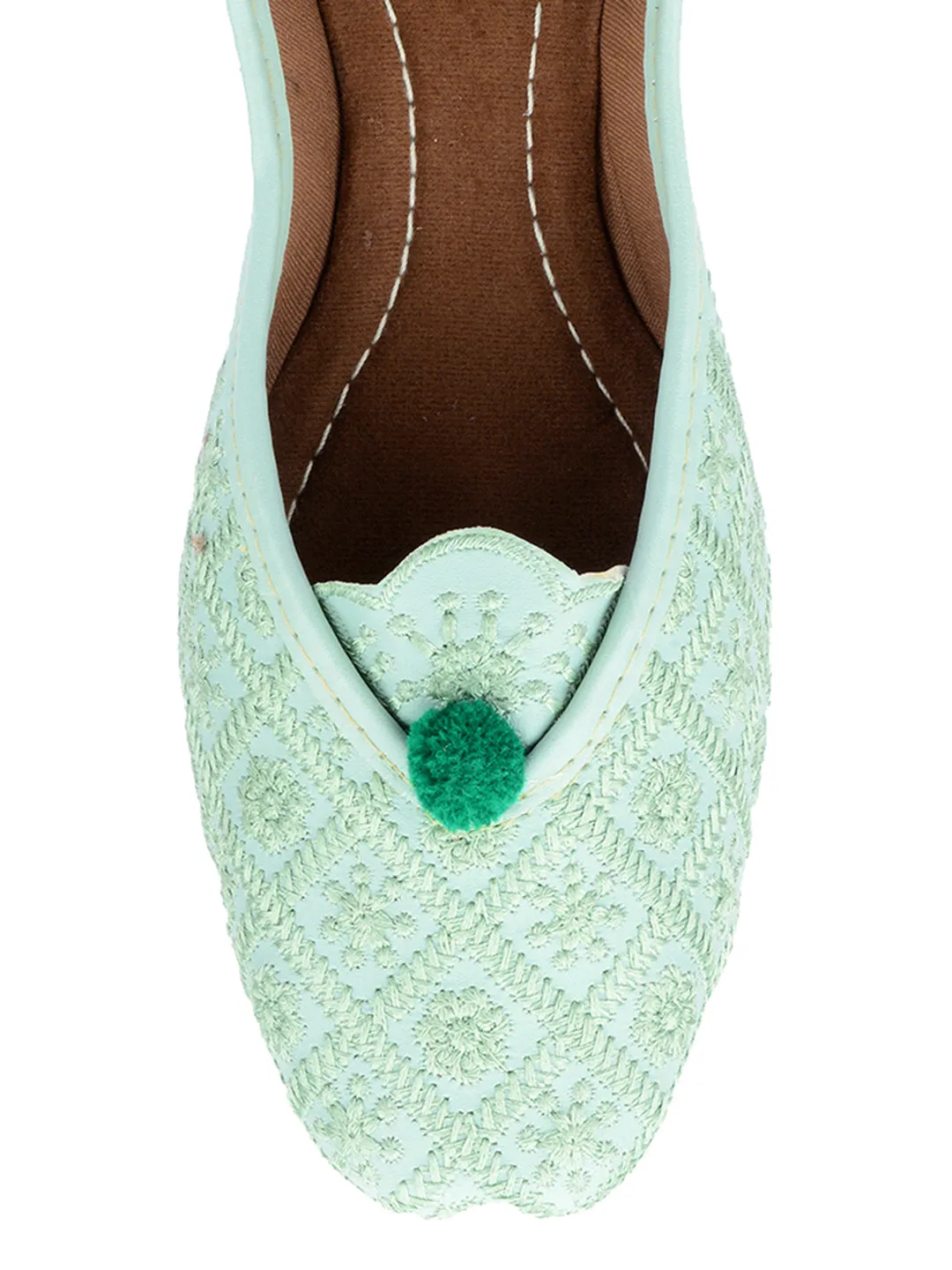 DESI COLOUR Women Sea Green Embroidered Leather Ethnic Mojaris Flats