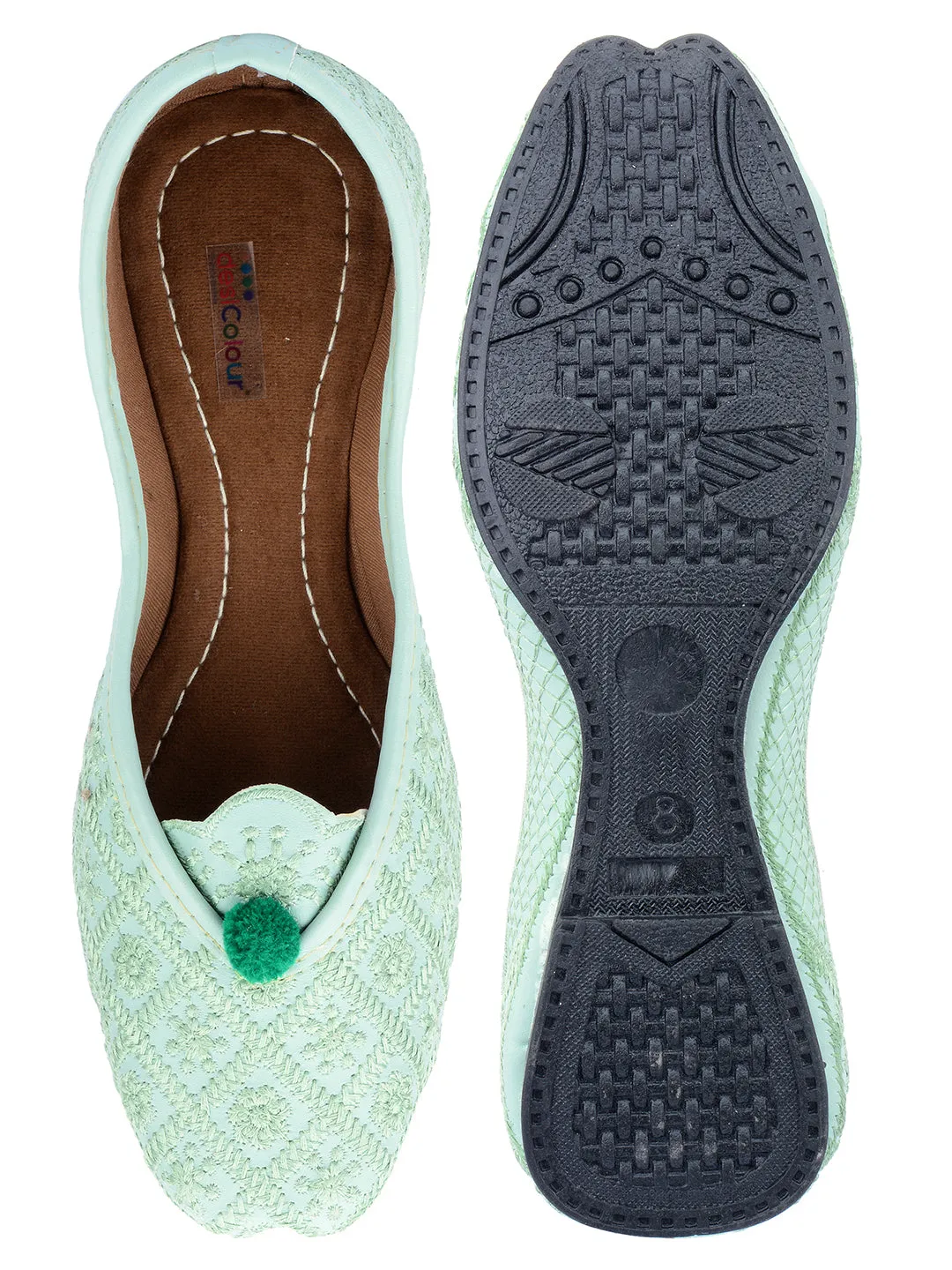 DESI COLOUR Women Sea Green Embroidered Leather Ethnic Mojaris Flats
