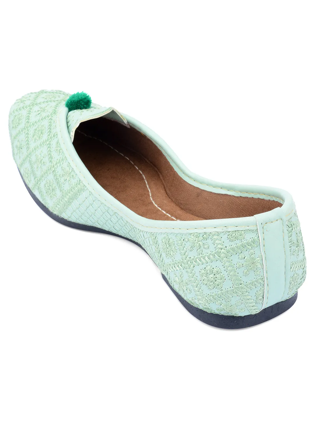 DESI COLOUR Women Sea Green Embroidered Leather Ethnic Mojaris Flats