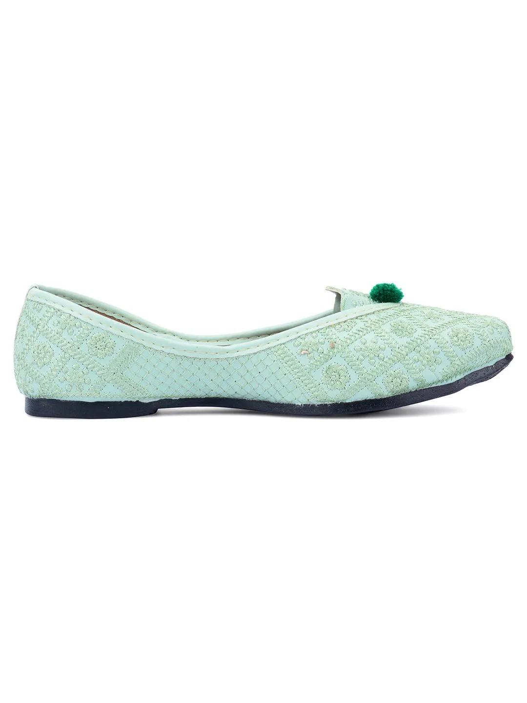 DESI COLOUR Women Sea Green Embroidered Leather Ethnic Mojaris Flats