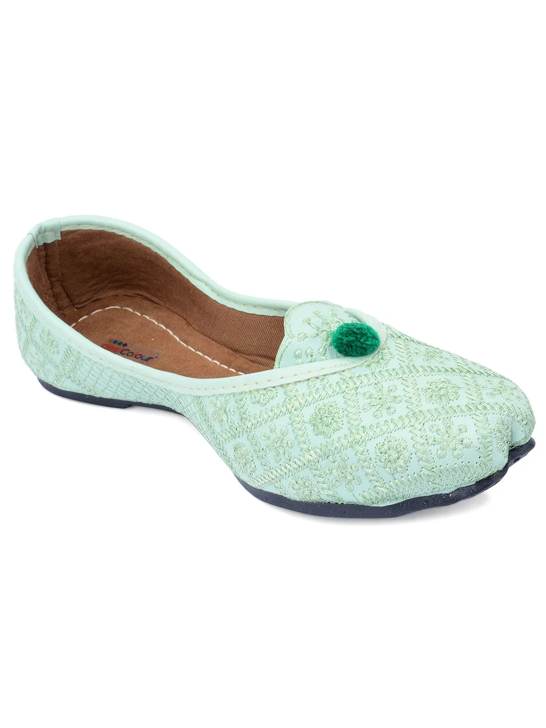 DESI COLOUR Women Sea Green Embroidered Leather Ethnic Mojaris Flats