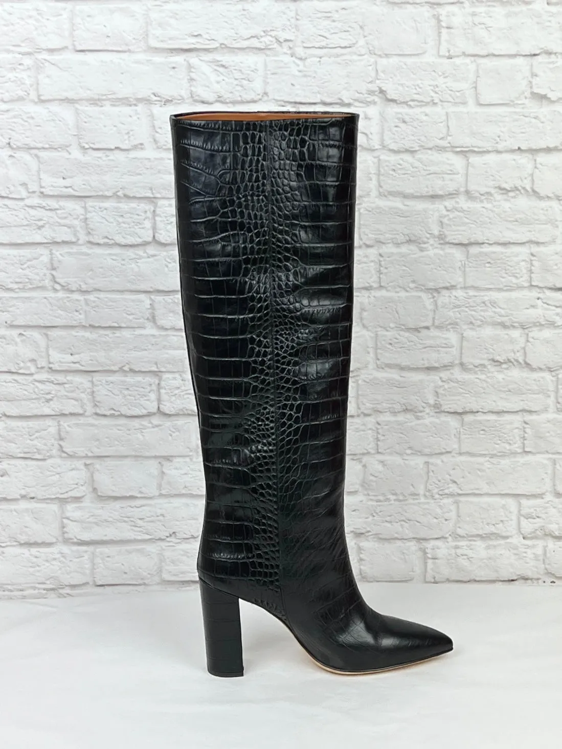 Paris Texas Anja Knee-High Croc-Embossed Leather Boots, NEW, Size 39.5, Black