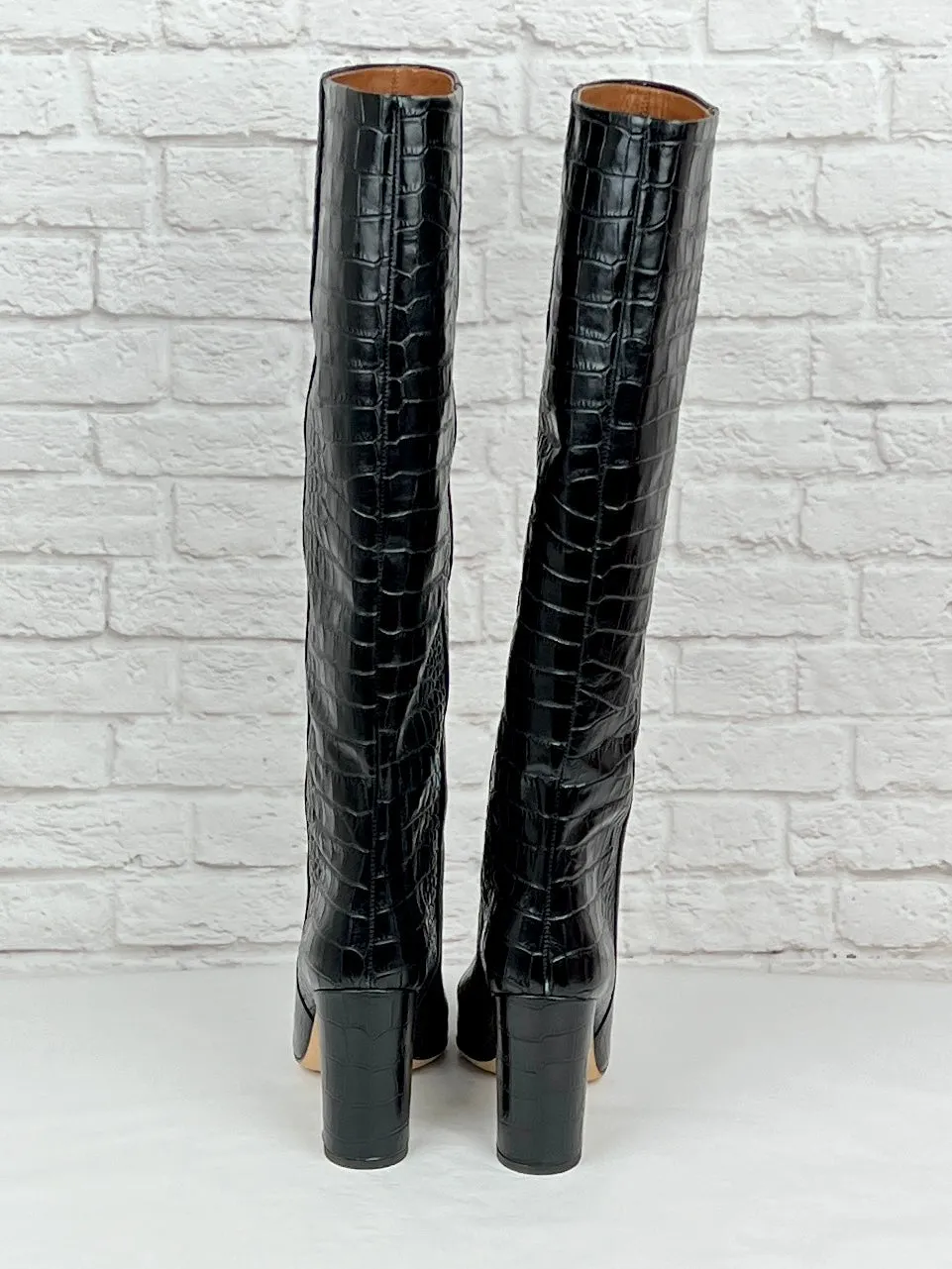 Paris Texas Anja Knee-High Croc-Embossed Leather Boots, NEW, Size 39.5, Black