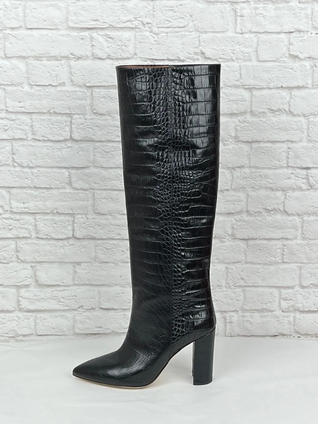 Paris Texas Anja Knee-High Croc-Embossed Leather Boots, NEW, Size 39.5, Black